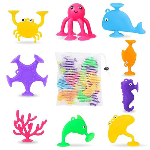 18 Stück Saugnapf Spielzeug Kinder Niedlicher Badewannenspielzeug mit Enspeicher Tasche Autismus Sensorik Spielzeug mit Tierform Reise Spielzeug für Jahre Junge und Mädchen von LUVDECO