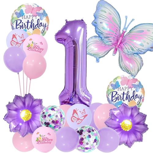 20 Stück 1. Geburtstag Dekoration Bausatz Lila Party Dekoration Glücklich Geburtstag Blume Luftballons Schmetterling für Mädchen Jungen Kinder Geburtstag Party Dekoration von LUVDECO