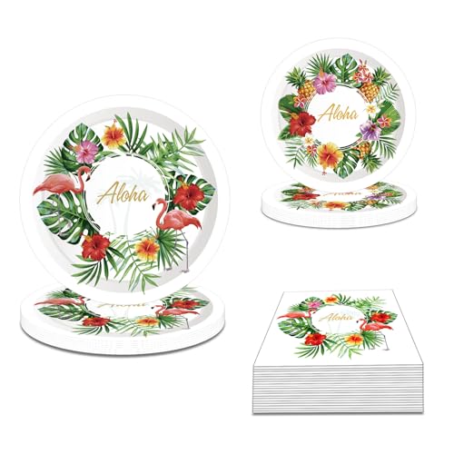 36 Stück Hawaiian Aloha-Partyzubehör, Hawaiian Party Tableware Set, Luau Hawaiian 7" 9" Pappteller und Servietten, Flamingo Party Geschirr für Kinder, Sommerliche Tropische Geburtstagsparty Dekoration von LUVDECO