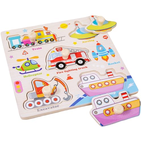 Holz Puzzle Spielzeug für Kinder Steckpuzzle Montessori Lernspielzeug Baby Holzpuzzle ab 3 Jahren Hölz Lernpuzzles Spielzeug für Kleinkinder Mädchen Jungs Geschenke (Transporte) von LUVDECO