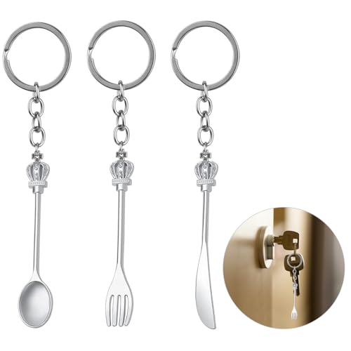 LUVDECO 3Pcs Schlüsselanhänger Mini 3D Löffel Gabel Messer Keychains Ästhetische Schlüsselanhänger Anhänger aus Metall in Glänzendem Silber Schlüsselanhänger für Geschenke von LUVDECO