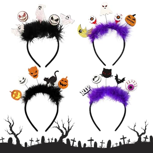 LUVDECO 4 Stücke Halloween Deko Stirnband, Halloween Kopfbedeckungen, Halloween Schwarze Katze Geist Kürbis Kopf Fledermaus Haarreif für Halloween Kostüm Zubehör, Cosplay, Fancy Decor von LUVDECO