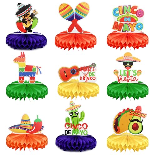 LUVDECO 9 Stück Fiesta Party Tischaufsatz, Mexikanische Fiesta Waben Dekoration, Mexikanische Taco Party Waben Mittelstücke für Cinco De Mayo Dekoration, Tag der Toten Karneval Party Zubehör von LUVDECO