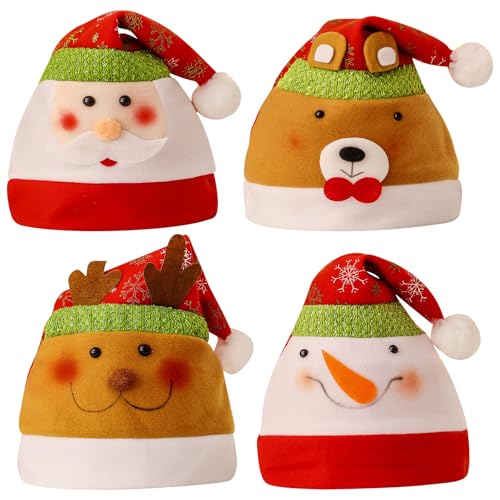 LUVDECO Weihnachtsmütze 4 Stück Nikolausmütze Weihnachtsmützen Familie Warm Dicker Fellrand Nikolaus Mütze Weihnachtsmannmütze Unisex Nikolausmütze für Partyzubehör Erwachsene und Kinder von LUVDECO