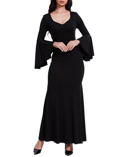 LUYANA Halloween-Kleid für Damen, Morticia, Cosplay, Hexe, Vampirkleid, bodenlang, Schwarz, XX-Large von LUYANA