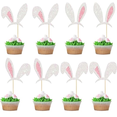 24 Stück Hasenohren Cupcake Topper, Hasenohren Tortendeko Ostern, Glitzer Ostern Kuchen Deko, Muffin Deko, für Ostern Kaninchen Thema Baby Dusche Kinder Geburtstag Party (A) von LUYANFX