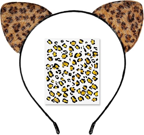 LUYANFX Leopard Kostüm Set: 2 Stück Leopard Ohren Stirnbänder mit Temporären Tattoos, Zubehör für Halloween, Cosplay, Karneval, Party, Kinder & Erwachsene (A) von LUYANFX