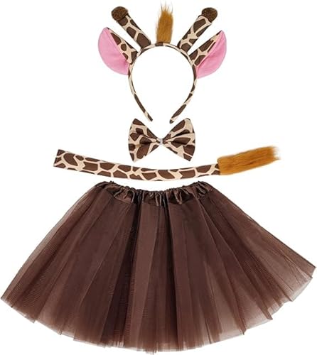 LUYANFX 4 Stück Giraffe Kostüm Set, Khaki Giraffe Ohren Stirnband Fliege mit Tutu Rock, Tier Kostüm Zubehör Set für Halloween Karneval Cosplay Partys,für Kinder Erwachsene (Khaki-D) von LUYANFX