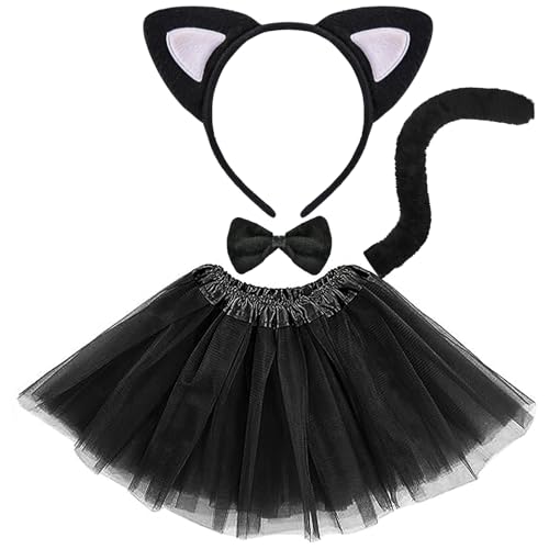 LUYANFX 4 Stück Kätzchen Kostüm Set, Schwarze Kätzchen Ohren Stirnband Fliege mit Tutu Rock, Tier Kostüm Zubehör Set für Halloween Karneval Cosplay Partys,für Kinder Erwachsene (Schwarze-C) von LUYANFX