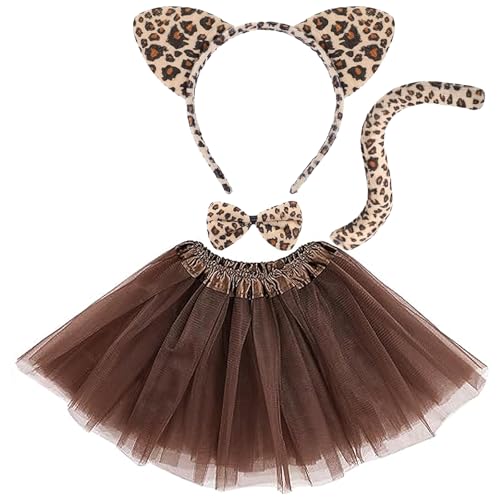 LUYANFX 4 Stück Leopard Kostüm Set,Leopard Ohren Stirnband Fliege mit Tutu Rock, Tier Kostüm Zubehör Set für Halloween Karneval Cosplay Partys,für Kinder Erwachsene (Leopard-B) von LUYANFX