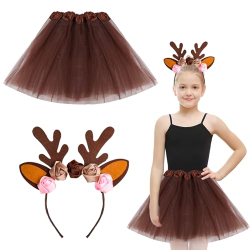 LUYANFX Rentier Kostüm Set mit Rentier Stirnband und Tutu, Tierkostüm Kinder Mädchen, Geweih Haarreif Rentier Kostüm,für Weihnachten Karneval Cosplay Party (B) von LUYANFX