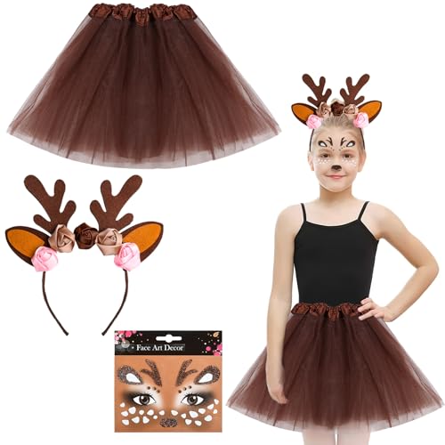 LUYANFX Rentier Kostüm Set mit Rentier Stirnband Gesichtstattoo und Tutu, Tierkostüm Kinder Mädchen, Geweih Haarreif Rentier Kostüm,für Weihnachten Karneval Cosplay Party (C) von LUYANFX