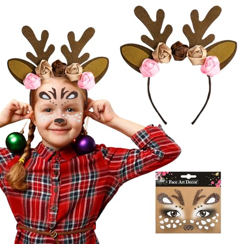 LUYANFX Rentier Stirnband mit Ohren, Weihnachts Stirnbänder, Rentier Haarreif mit Gesicht Aufkleber, Rentier Kopfschmuck Kinder Mädchen für Weihnachten Karneval Kostüme Cosplay Party (Rentier) von LUYANFX