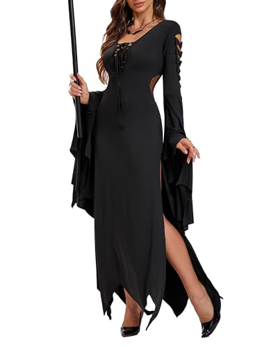 LVCBL Gothic Damen Retro Style Tiefes V Ausschnitt Kleid Langem Ärmel Mittelalterkleid Langer Partykleid Halloween Kleid Schwarz L von LVCBL