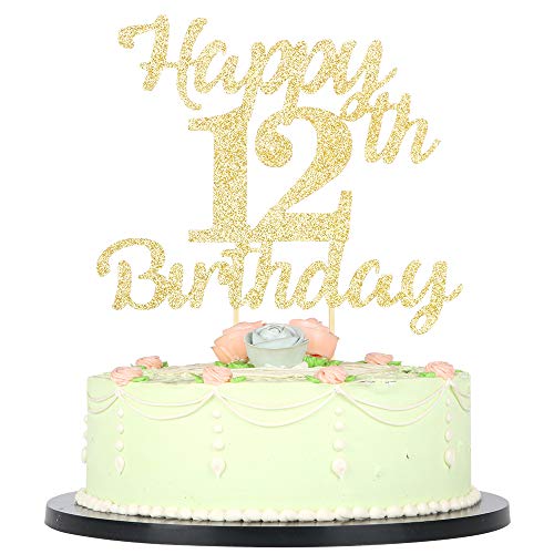 LVEUD Tortenaufsatz zum 12. Geburtstag, für Happy Birthday, 12 Golden Flash 12. Geburtstag, Kuchendekoration (12. Geburtstag) von LVEUD