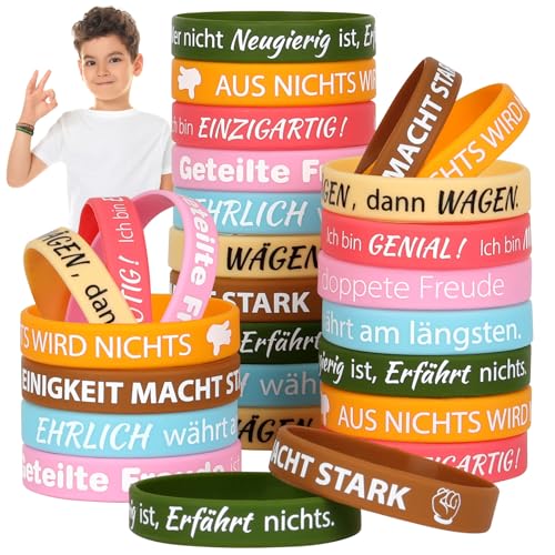 LVNRIDS 28 Stück Motivationsarmbänder auf Deutsch 7 inch Inspirierende Silikon Armband für Kinder, Mutmacher Geschenke Motivierende Silikonarmband Party Mitgebsel Klassenzimmer Belohnung von LVNRIDS