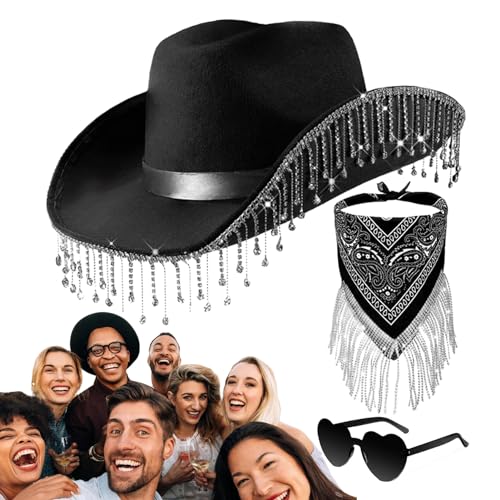 LVTFCO Cowgirl-Hut für Party, Strass-Quasten-Cowboyhut - 3-teiliges Cowboyhut-Set mit Strass-Quasten,Bachelorette-Party-Kostüme, Western-Cowboy-Hut für Frauen, Abschlussfeier von LVTFCO