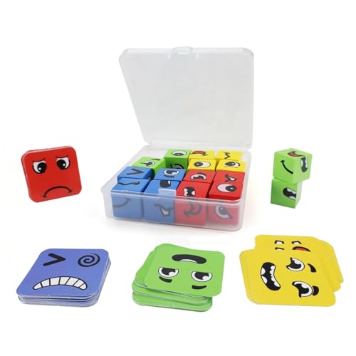 LWLWA Face Changing Magic Cube 16 Stück, Hölzern Würfelpuzzle Puzzle, Mehrspieler-Iq Puzzle, Inklusive 64 Ausdruckskarten, Lern-, Lernspiele, für Familientreffen, Eltern-Kind-Aktivitäten von LWLWA