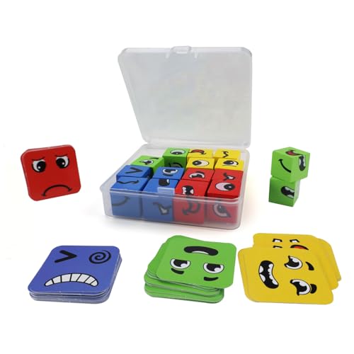 LWLWA Face Changing Magic Cube 16 Stück, Hölzern Würfelpuzzle Puzzle, Mehrspieler-Iq Puzzle, Inklusive 64 Ausdruckskarten, Lern-, Lernspiele, für Familientreffen, Eltern-Kind-Aktivitäten von LWLWA