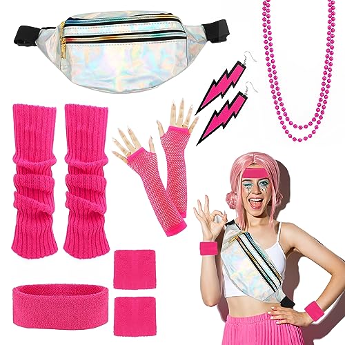 80er Jahre Damen Rosa Set, Gürteltasche,Ohrring, Halskette, Netzhandschuhe, 80er jahre Neon Beinwärmer Stirnband Armbänder 80er Jahre Kleidung Sport 90er 80er Jahre Damen Accessoires Party Kostüm von LWMTT