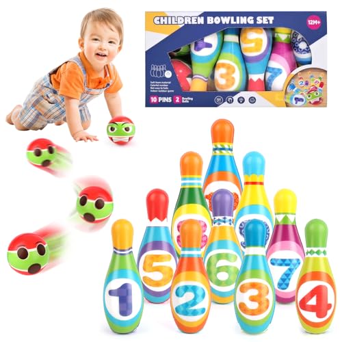 LWMTT 12 Stück Bowling Set,Kegelspiel für Kinder,Bowling Set Kinder mit 10 Bowlingstiften und 2 Bällen,Spielzeug ab 2 3 4 5 6 Jahre,Kinderspielzeug Kegelspiel für Kinder von LWMTT