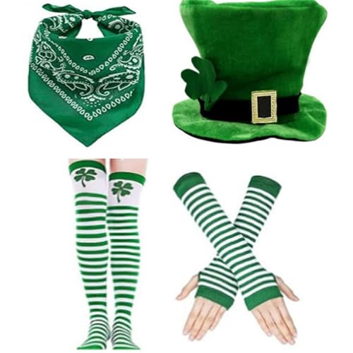 LXJLXD 4-teiliges Kleeblatt-Hut, Socken, Arm-Handschuhe, Bandana-Set für Partys und Karneval, Feiern, Verkleidungen (Set 1) von LXJLXD