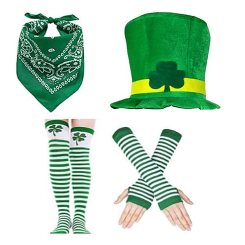 LXJLXD 4-teiliges Kleeblatt-Hut, Socken, Arm-Handschuhe, Bandana-Set für Partys und Karneval, Feiern, Verkleidungen (Set 4) von LXJLXD