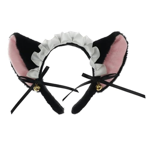 LXJLXD Frauen-Kopfschmuck mit Katzenohren und Schleife, schönes Spitzen-Katzenohr-Stirnband, Cosplay, Kopfbedeckung, Foto-Requisiten (Schwarz/Rosa) von LXJLXD