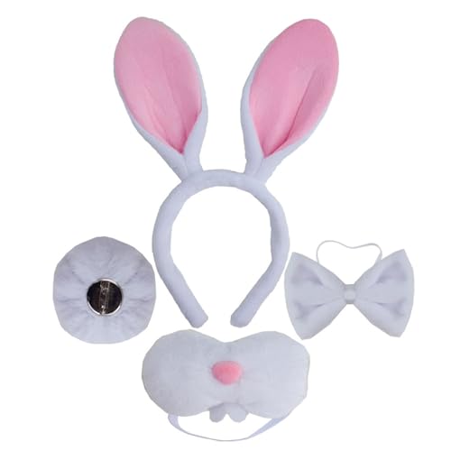 LXJLXD Hasen-Kostüm-Set, Ohren, Schwanz, Fliege, Handschuh, Tutus, Tier-Kostüm, Zubehör für Kinder, Halloween, Cosplays, Requisiten (weißer Hase, 4 Stück) von LXJLXD