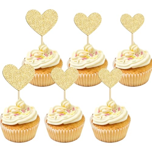 Glitter Herz Cupcake Topper,30 PCS Muffin Deko Cupcake Topper,Herzen Topper Cupcake,Liebe Herz Cupcake Toppers, für Muffins Dekorationen Hochzeit Party Jahrestag Valentinstag Kuchendeko (Gold) von LXONTSG