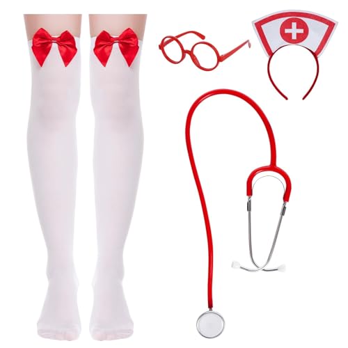 Kostümset Krankenschwester,Krankenschwester Kostüm Halloween,Krankenschwester zubehör Set,Krankenschwester Kostüm Karneval,mit Haarreif, Stethoskop, Strümpfe, Gläser, Halloween Kostüm Cosplay (A) von LXONTSG