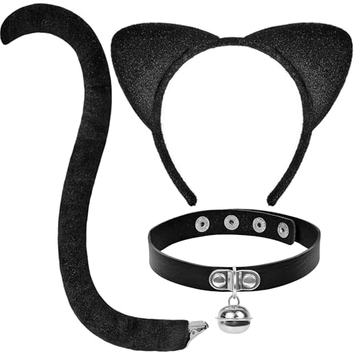 LXONTSG Cosplay Katze Accessoires, Katze Cosplay Set, Karneval Katzen Cosplay Accessoires, Katzen Cosplay Kostüm, mit Schwarz Katzenohren Stirnband Schwanz Halsband, für Kinder Erwachsene von LXONTSG