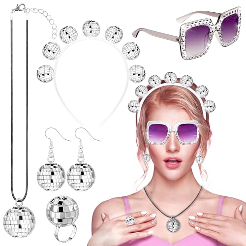 LXONTSG Disco Schmuck Accessoires, 5 Stück Karneval Disco Accessoires, Disco Party Schmuck, Disco Schmuck Outfit, Disco Ohrringe Halskette Ringe Stirnband und Sonnenbrille, Disco Schmuck Damen von LXONTSG