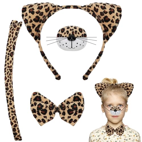 LXONTSG Leopard Cosplay Accessoires, Leopardenohren Stirnband Set, Gepard Cosplay Accessoires, Leopard Kostüm Accessoires, Leopard Verkleiden, Leopardohren Stirnband, Fliege, Nasem, Schwanz Set von LXONTSG