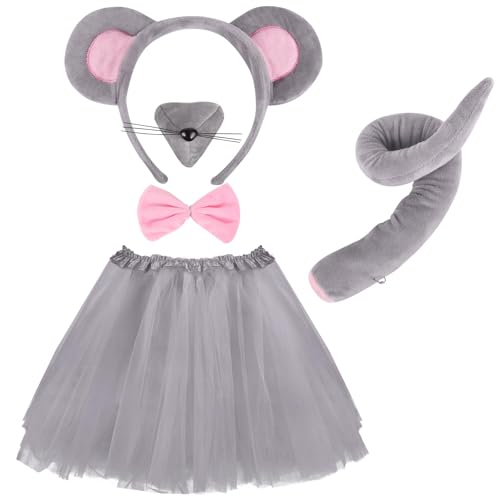 LXONTSG Maus Cosplay Set, 5 Stück Cosplay Maus Accessoires, Verkleiden Maus Accessoires, Karneval Maus Cosplay Outfit, Verkleiden Maus Kinder, mit Stirnband Rock Schwanz Nase Fliege von LXONTSG