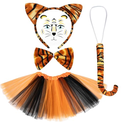 LXONTSG Tiger Cosplay Set, Karneval Tiger Set, Party Verkleidung Tiger, Kinder Cosplay Tiger, Tiger Ohren Haarreif Schwanz Fliege Garnrock Tattoo Set, für Erwachsene Kinder Cosplay Party von LXONTSG