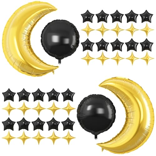 Stern Luftballons Schwarz,44PCS Große Mond Schwarz Luftballons,Stern Folienballons Schwarz, Schwarz Star Foil Balloons,Helium Ballon Stern für Geburtstag Babyparty Jubiläum Hochzeit Dekoration von LXONTSG