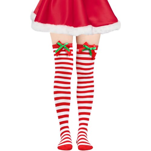 LXONTSG Weihnachtssocken Weiß Rot, 1 Paar Weihnachten Gestreifte Socken, Frauen Lange Gestreifte Socken, Weihnachten Oberschenkel Hohe Socken, Lange Gestreifte Socken Weihnachten von LXONTSG