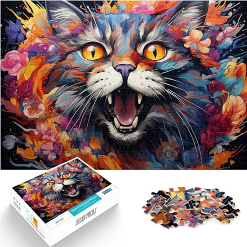 1000-teiliges Puzzle, Bunte psychedelische Katzen und Blumen, für Erwachsene und Kinder ab 12 Jahren, Holzpuzzle, Denkspiel, Größe: 50 x 75 cm von LXQING