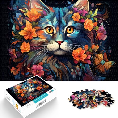 1000-teiliges Puzzle, Bunte psychedelische Katzen und Blumen, für Erwachsene und Kinder ab 12 Jahren, Holzpuzzle, Denkspiel, Größe: 50 x 75 cm von LXQING