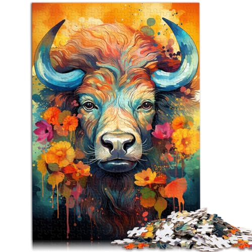 1000-teiliges Puzzle, farbenfrohes psychedelisches Büffel-Aquarell, Puzzle für 12-Jährige, Holzpuzzle, Lernspielzeug, Größe: 50 x 75 cm von LXQING