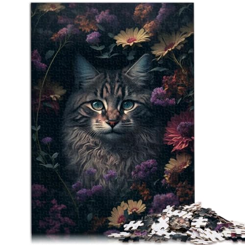 1000-teiliges Puzzlespiel, Katze in Blumen, geeignet für Erwachsene und Kinder über 12 Jahre, Holzpuzzles für Erwachsene, interessante Puzzles zur Stressreduzierung, Größe: 50 x 75 cm von LXQING