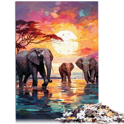 300-teiliges Puzzle, Elefanten, Afrika-Sonnenuntergang, für Erwachsene und Kinder ab 12 Jahren, Holzpuzzle, tolles Geschenk für Erwachsene, Größe: 26 x 38 cm von LXQING