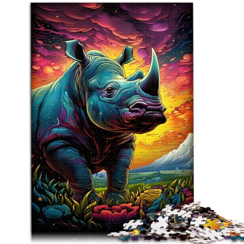300-teiliges Puzzle, farbiges Nashorn, geeignet für Erwachsene und Kinder ab 12 Jahren, Holzpuzzle, Kunstwerk als Geschenk, Größe: 26 x 38 cm von LXQING