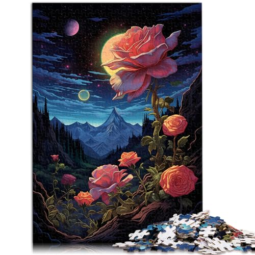 Puzzle für Erwachsene, 1000 Teile, Rosen und Mond, geeignet für Erwachsene und Kinder über 12 Jahre, Holzpuzzle, Denkspiel, Größe: 50 x 75 cm von LXQING