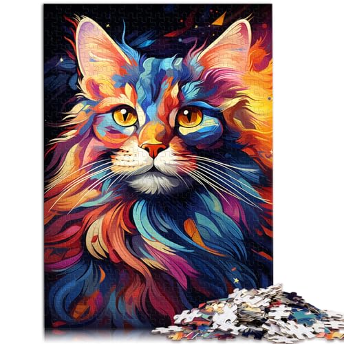 Puzzle für Erwachsene, 1000 Teile, farbenfrohe Psychedelie Einer süßen Maine-Coon-Katze, für Kinder ab 12 Jahren, Holzpuzzle, Heimdekorations-Puzzlespielzeug, Größe: 50 x 75 cm von LXQING