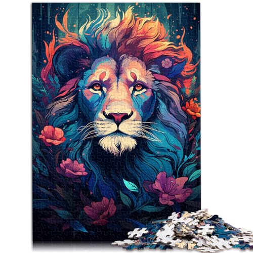 Puzzle für Erwachsene, 500 Teile, Bunter Psychedelischer Blumenlöwe, für Erwachsene und Familien, Holzpuzzle, lustiges Geschenk, Größe: 38 x 52 cm von LXQING