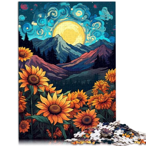 Puzzle für Erwachsene, 500 Teile, Sonnenblumen mit dem Mond am Himmel, für Erwachsene und Kinder ab 12 Jahren, Holzpuzzle, Stressabbau-Puzzle, Größe: 38 x 52 cm von LXQING