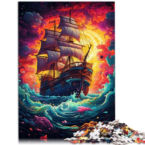 Puzzle für Erwachsene, 500 Teile, farbenfrohes psychedelisches Piratenschiff, Holzpuzzle für Erwachsene und Kinder, zum Zeitvertreib zu Hause, Größe: 38 x 52 cm von LXQING