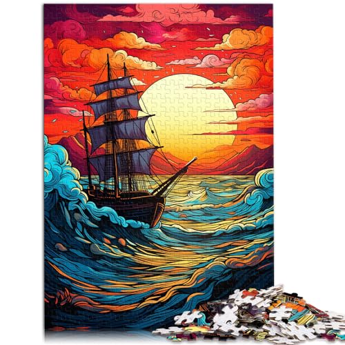 Puzzle mit 1000 Teilen für Erwachsene, Boot bei Sonnenuntergang auf dem Meer, für Erwachsene und Kinder ab 12 Jahren, Holzpuzzle, Familienaktivität, Größe: 50 x 75 cm von LXQING